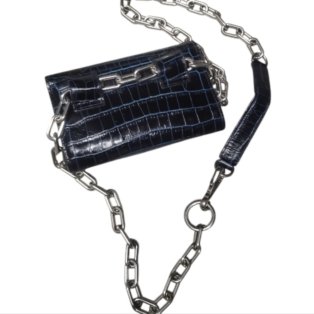 ALEXANDER WANG | Blue Croc Embossed Leather Crossbody Mini Bag / Chain Wallet - Picture 6 of 9